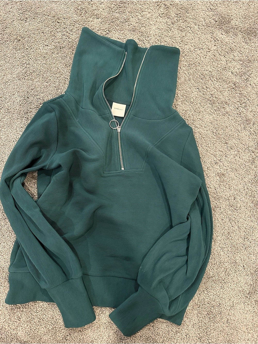 Varley Teal Green Quarter-Zip Funnel Neck Sweater